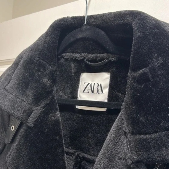 Zara black faux shearling / fur moto biker jacket - Picture 7 of 7
